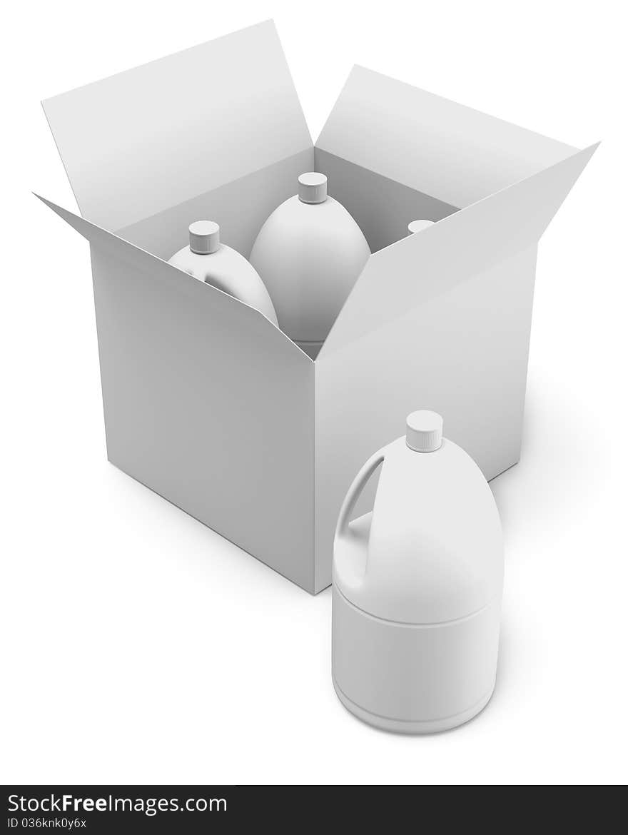 Cardboard box with plastic bottles as white on white theme