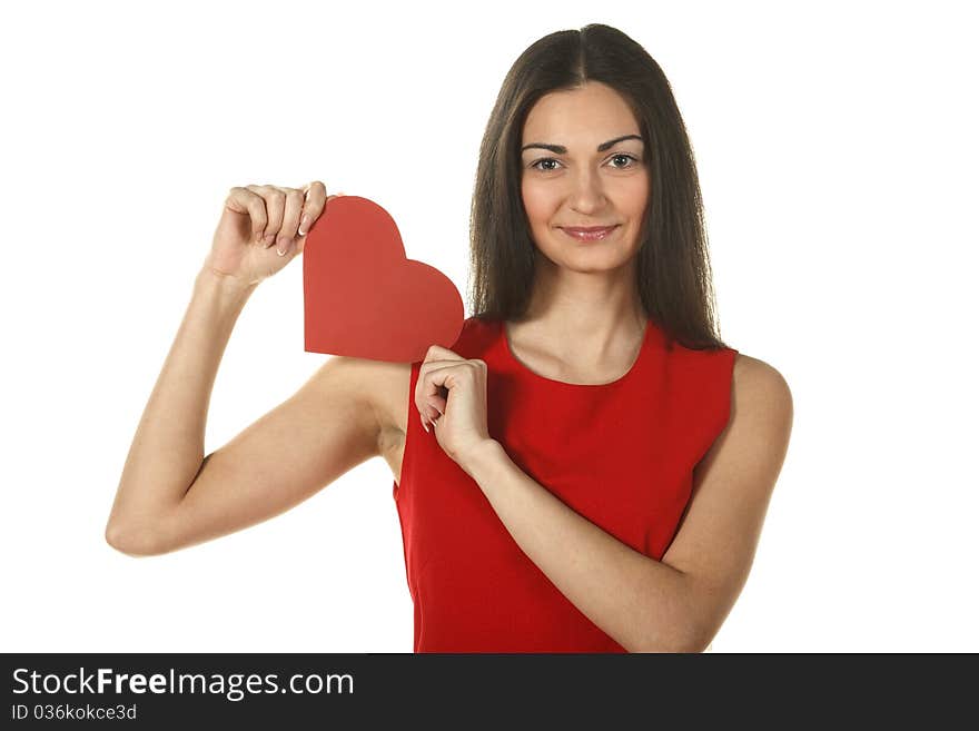 Young elegant female holding heart shape isolated on white. Young elegant female holding heart shape isolated on white