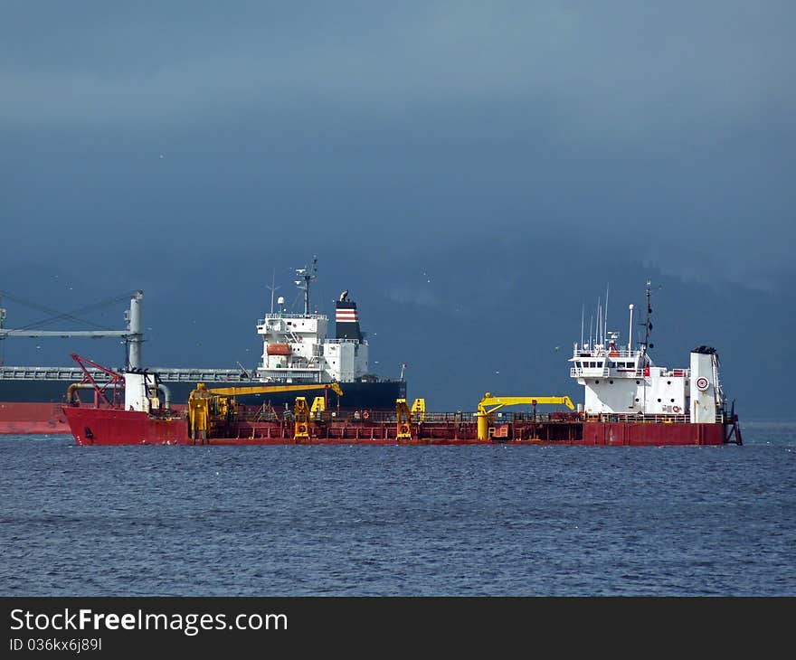 Two ocean-going ships on the Columbia River