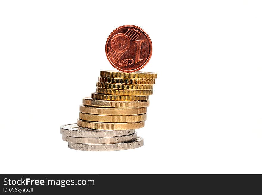 One euro cents stands on a column of coins