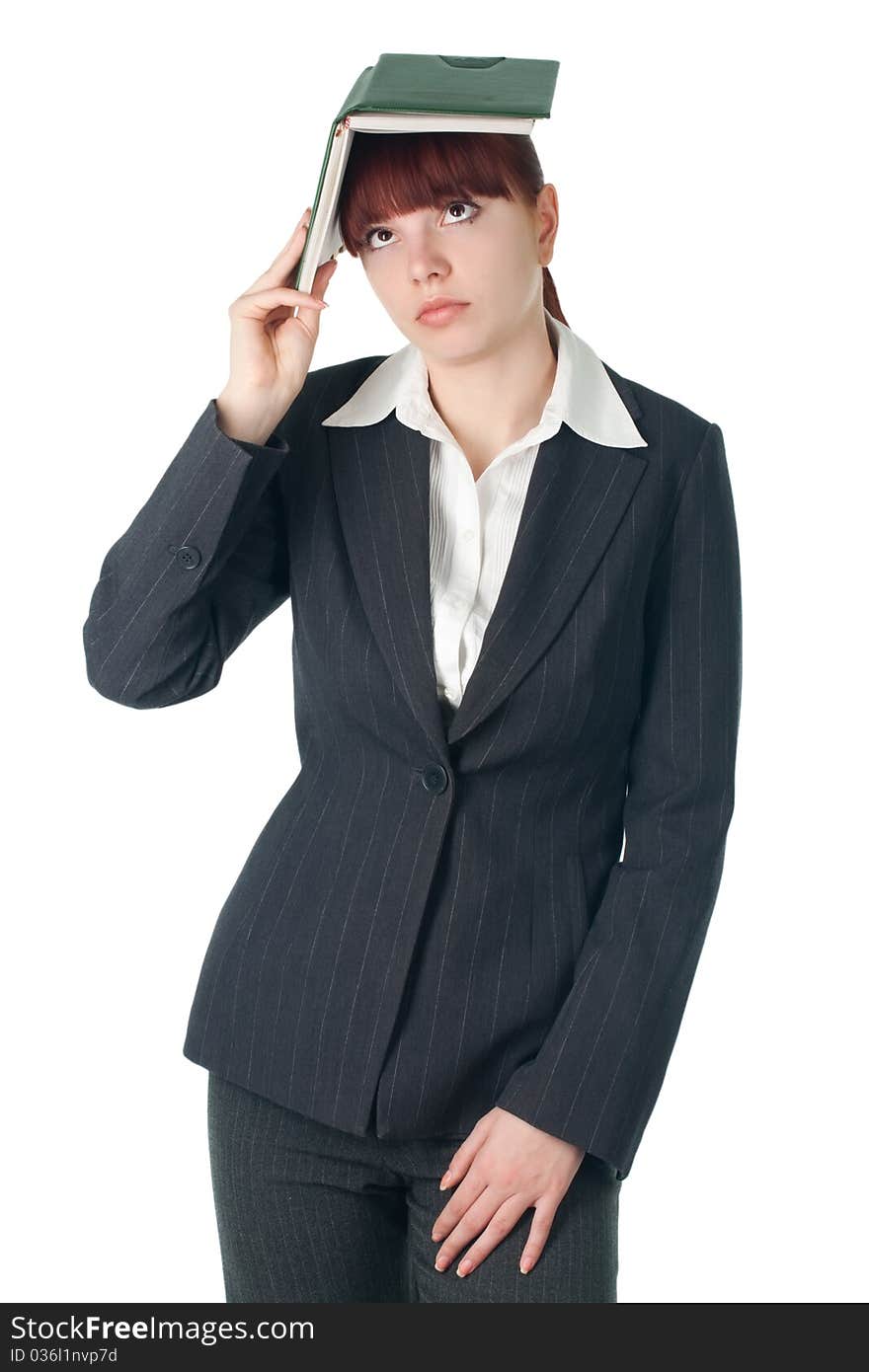 Business woman with notebook on the head