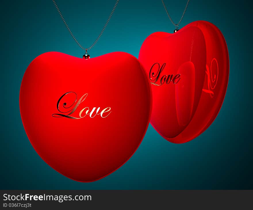 Two red glossy heart pendents with gold inscription love on blue background. Two red glossy heart pendents with gold inscription love on blue background.