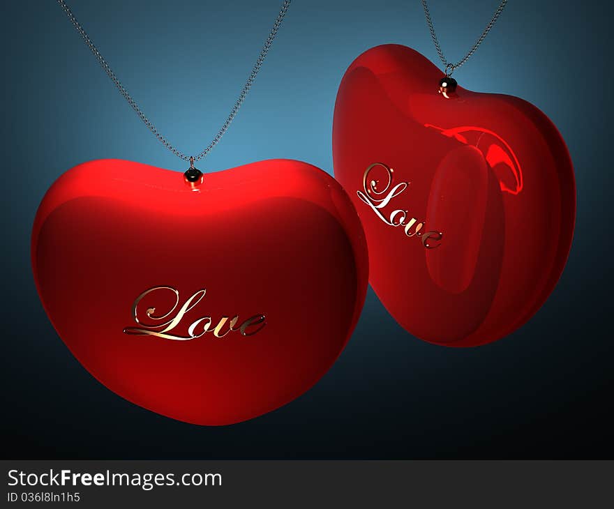 Two red glossy heart pendents with gold inscription love on blue background. Two red glossy heart pendents with gold inscription love on blue background.