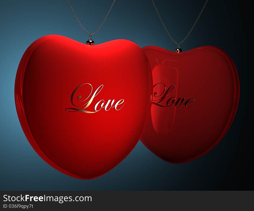 Two red heart pendents with gold inscription love