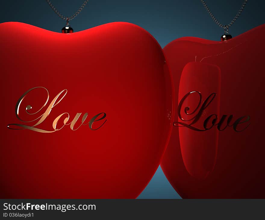 Two Red Heart Pendents With Gold Inscription Love