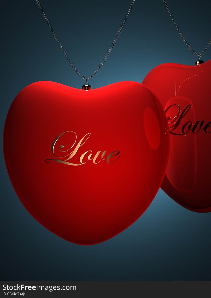 Two Red Heart Pendents With Gold Inscription Love