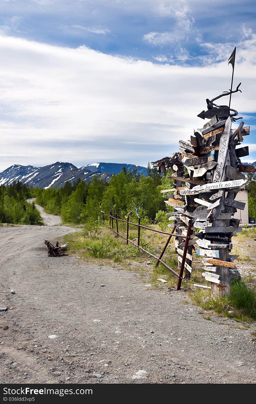 Wooden signpost with distances to different places