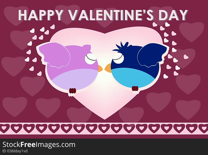 Two cute birds kissing on a Valentine's day card. Two cute birds kissing on a Valentine's day card