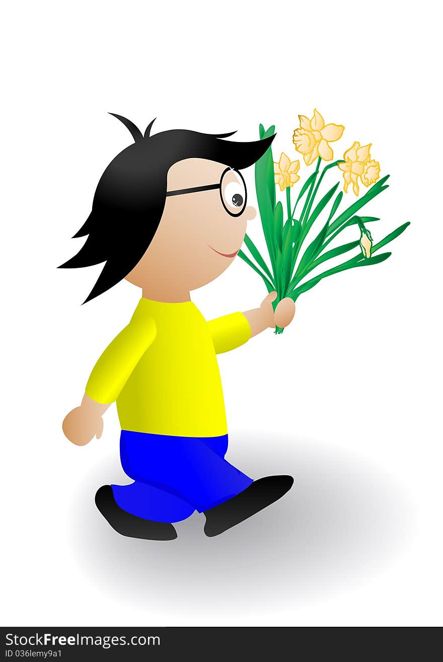 illustration the boy with a bunch of flowers.