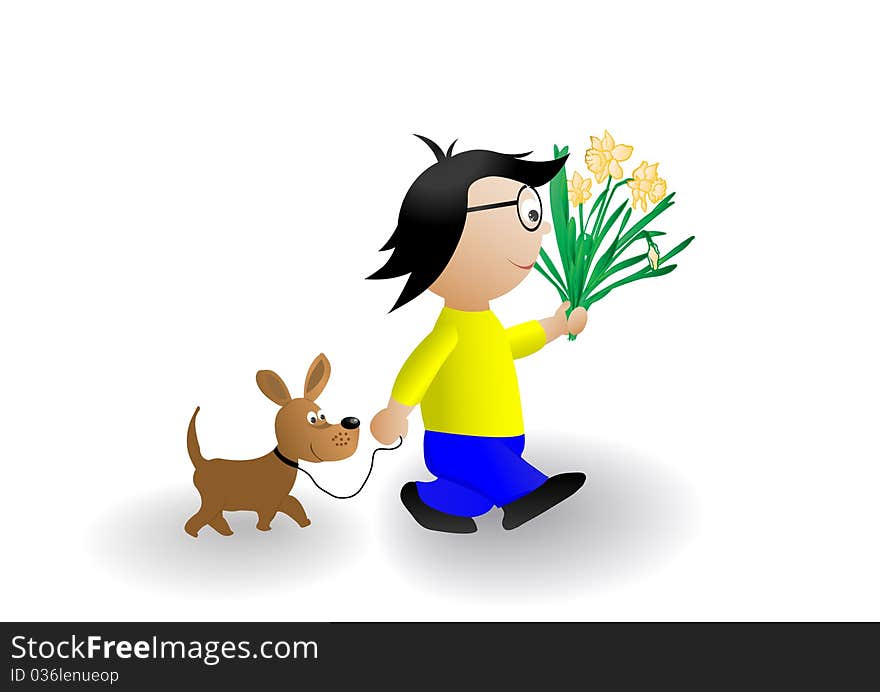 Vector illustration the boy with a dog and a bunch of flowers.