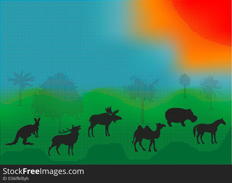 illustration animals in the African savanna with trees