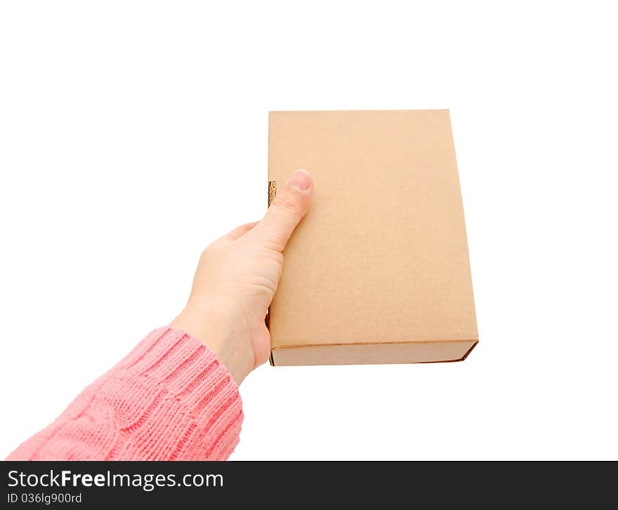 Woman hand with box , closeup, isolated background