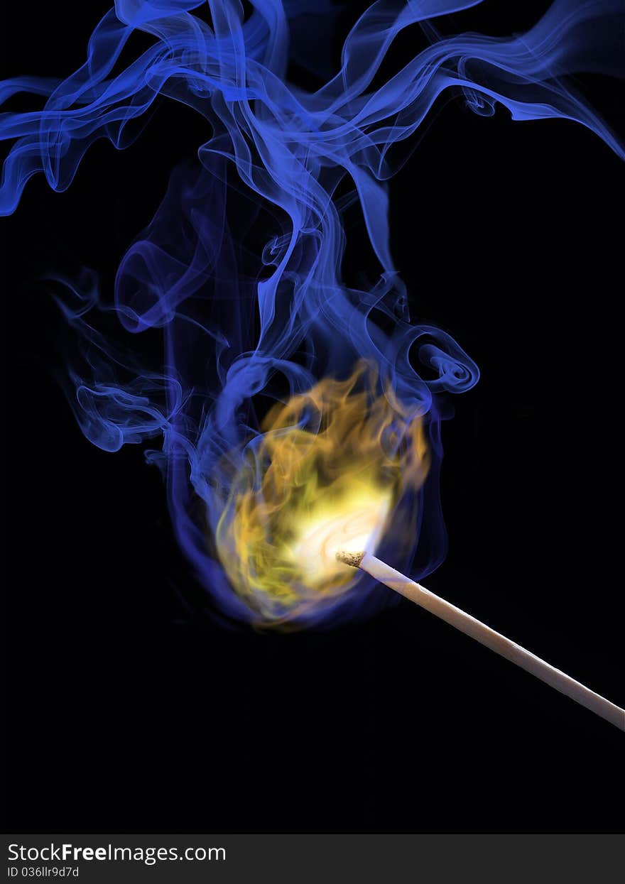 The image shows a photomontage of a burning match