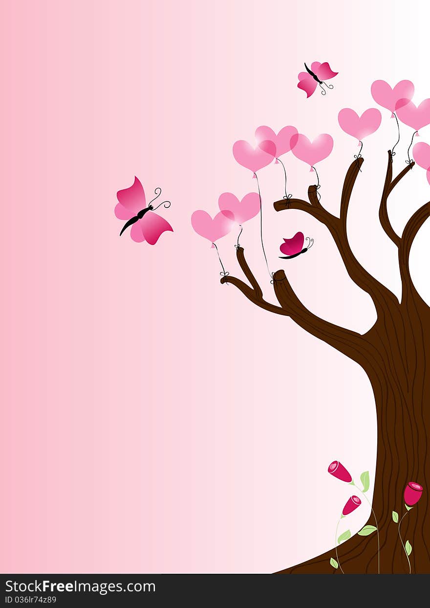 Vector picture with tree and heart balloons. Vector picture with tree and heart balloons