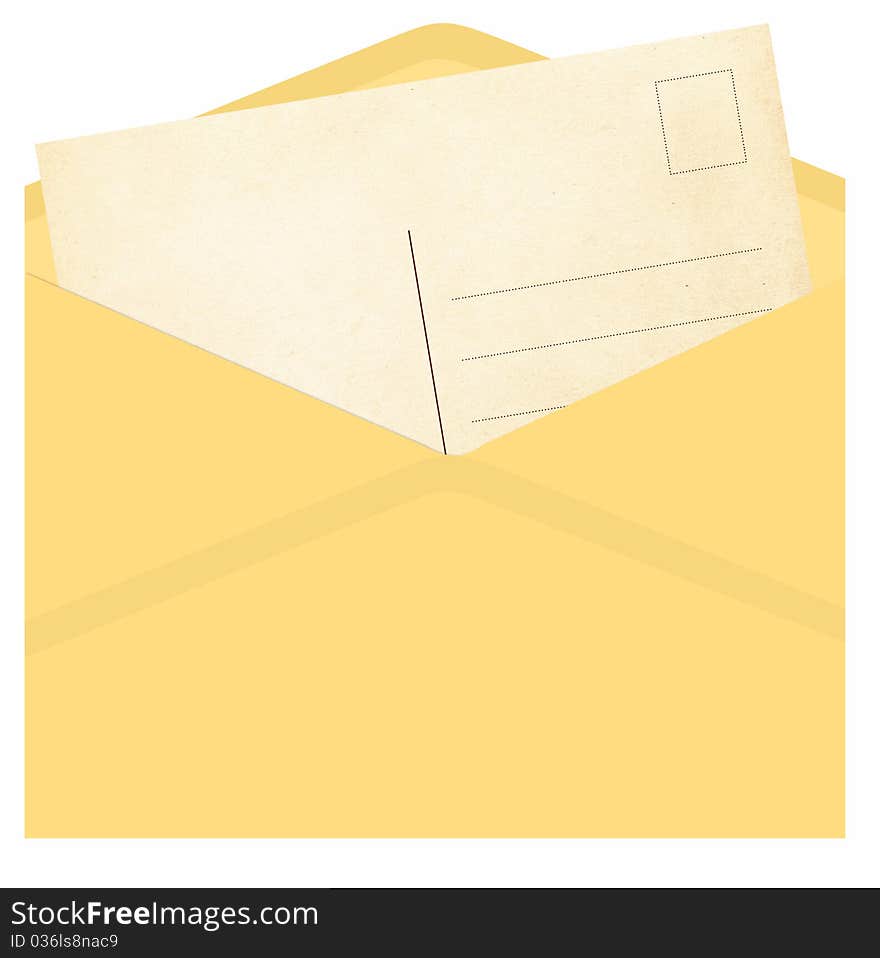 Vintage envelope with postcard isolated on a white