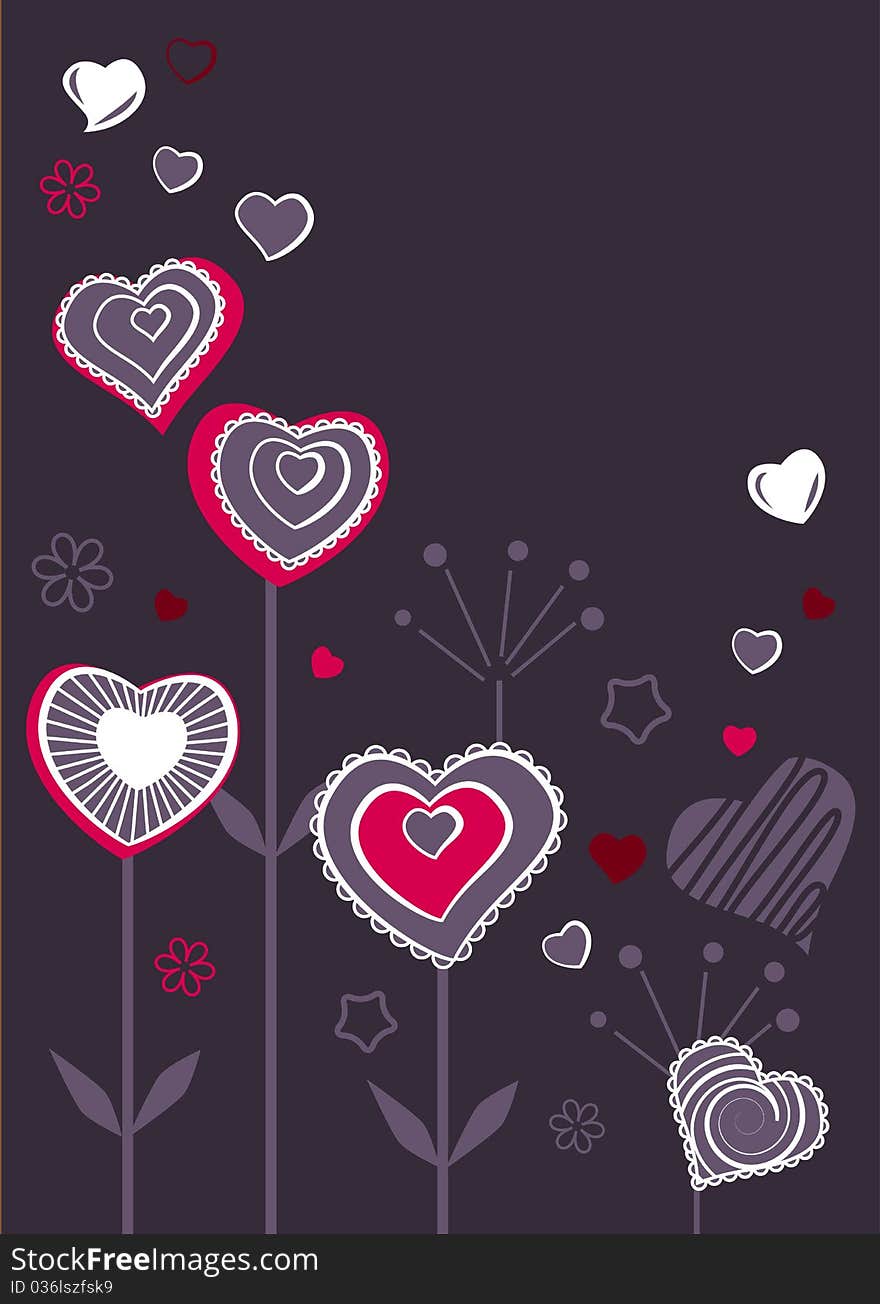 Contour hearts on dark background