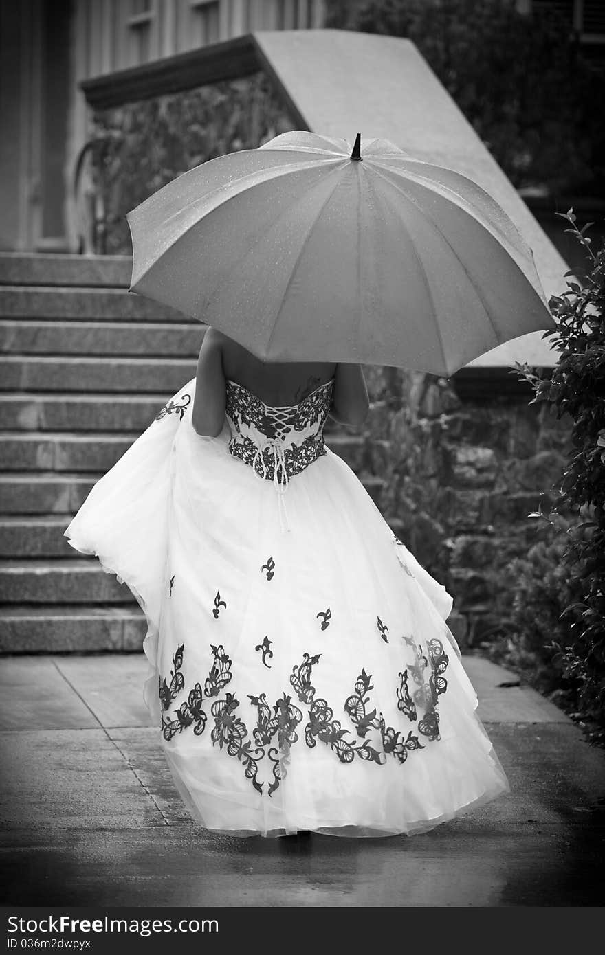 A bride walking away holding an umbrella in black and white. A bride walking away holding an umbrella in black and white