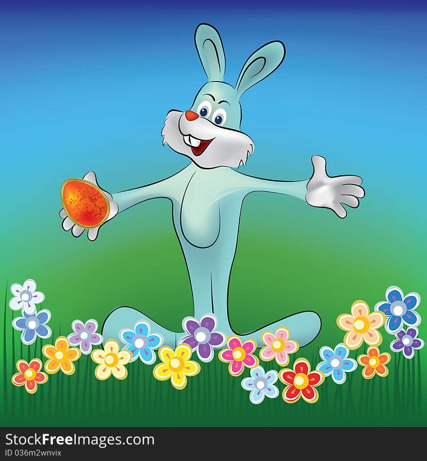 Easter background rabbit with red egg on grass. Easter background rabbit with red egg on grass