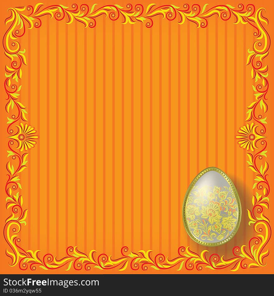 Gold easter egg on orange floral ornament. Gold easter egg on orange floral ornament