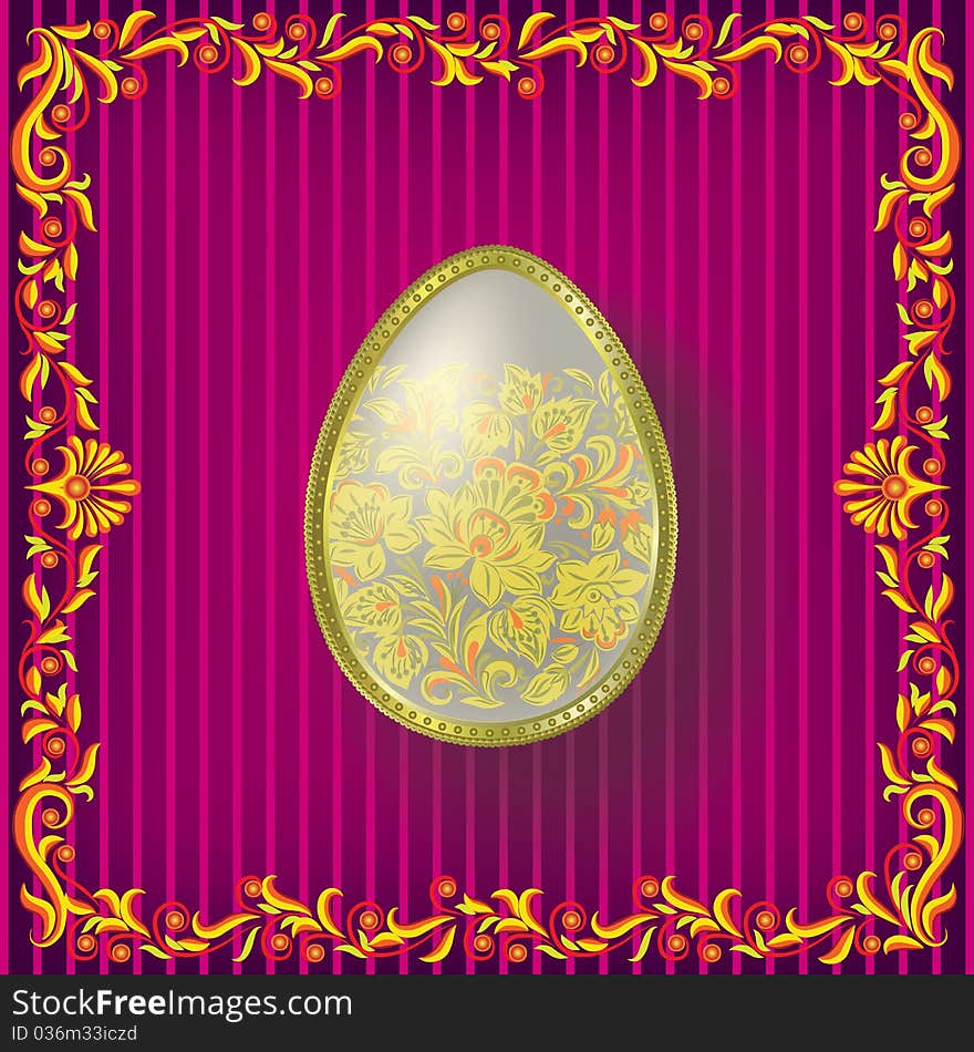 Gold easter egg on pink floral background. Gold easter egg on pink floral background