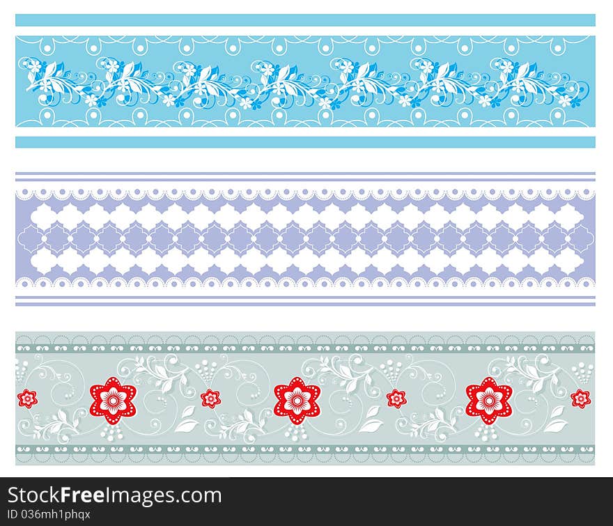 Three ornate flower strips on a white background. Digital illustration. Three ornate flower strips on a white background. Digital illustration.