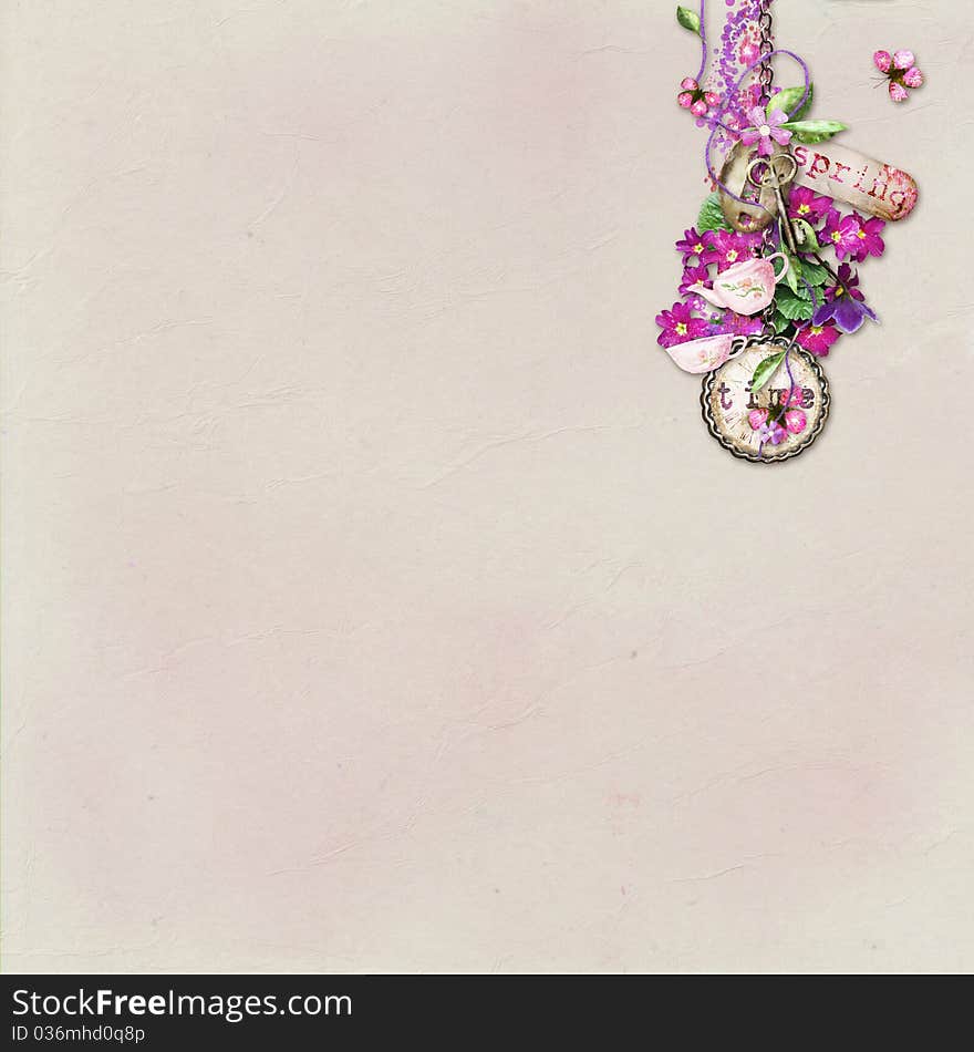 Textured background with a chain, flowers, a cup, a teapot and butterflies