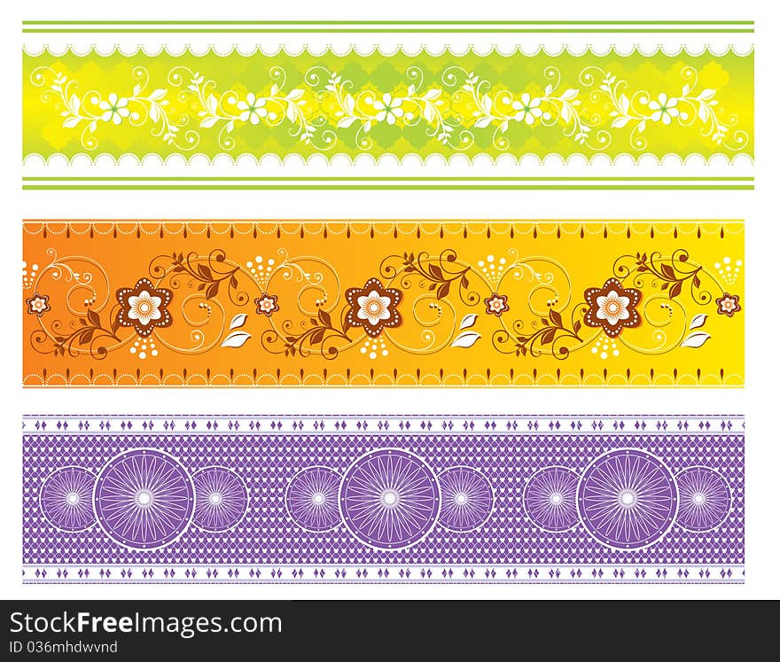 Three ornate flower strips on a white background. Digital illustration. Three ornate flower strips on a white background. Digital illustration.