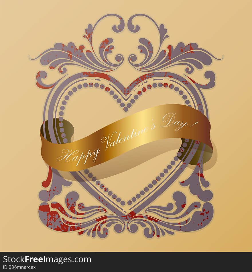 Heart old frame witth a golden ribbon, illustration. Heart old frame witth a golden ribbon, illustration