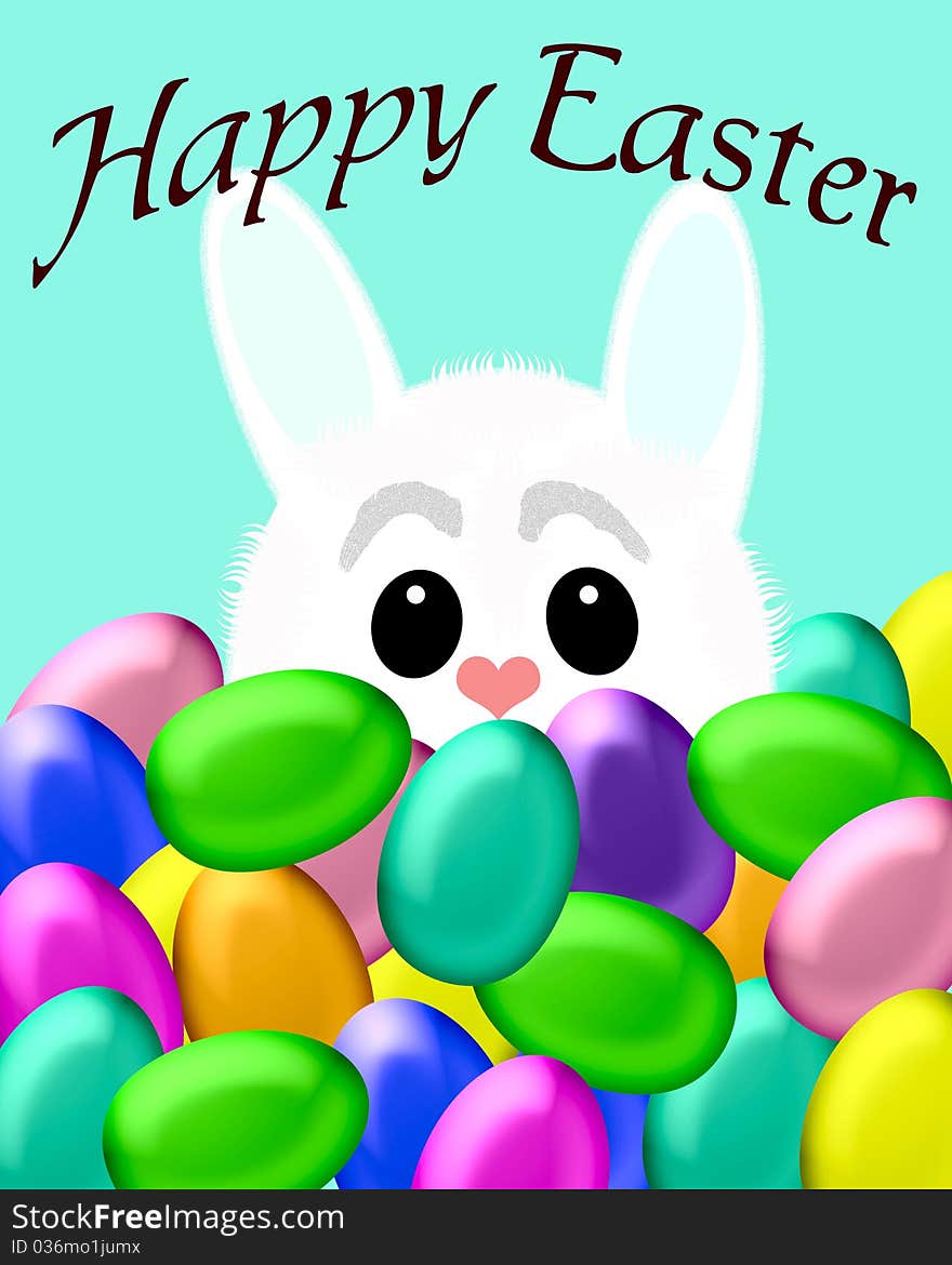 White Easter bunny with dyed eggs illustration. White Easter bunny with dyed eggs illustration