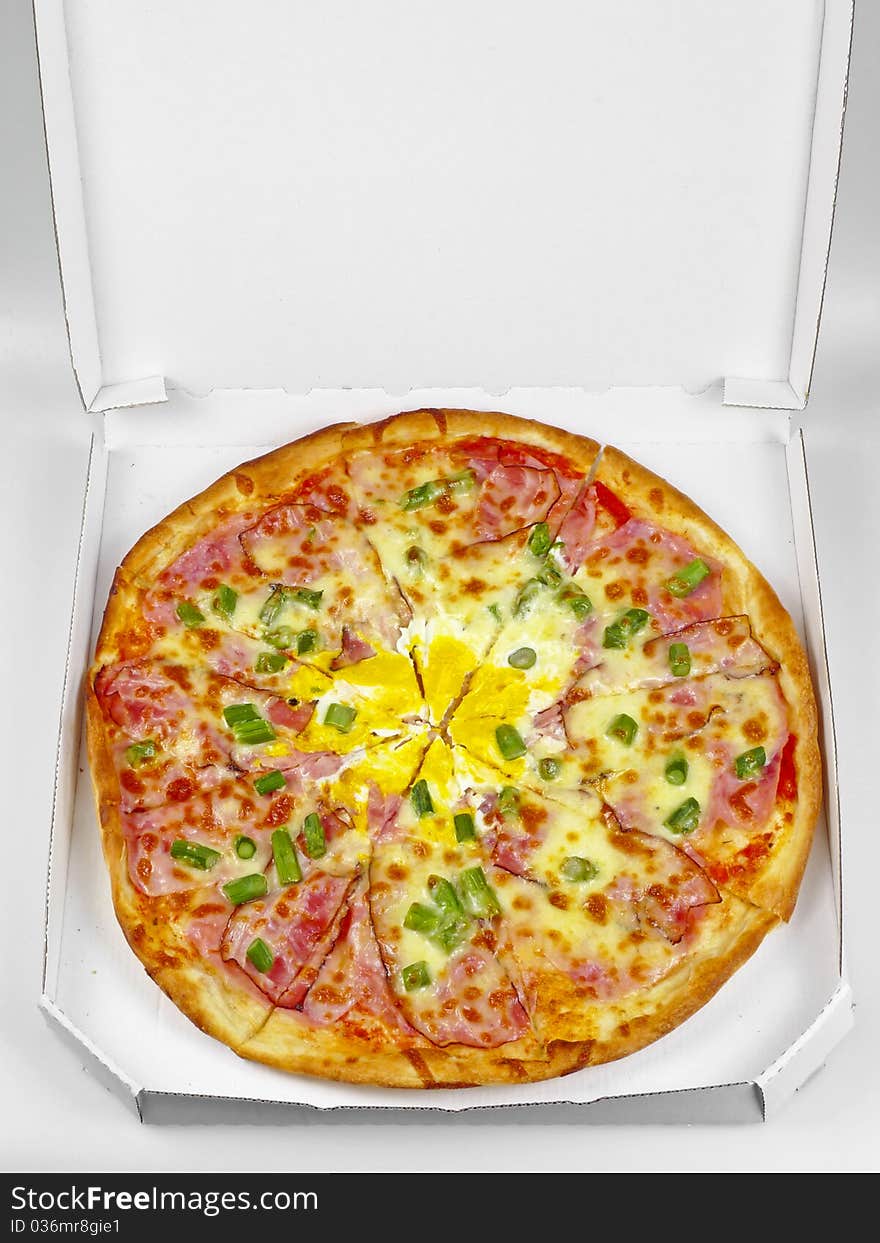 Pizza in paper box isolated. Pizza in paper box isolated