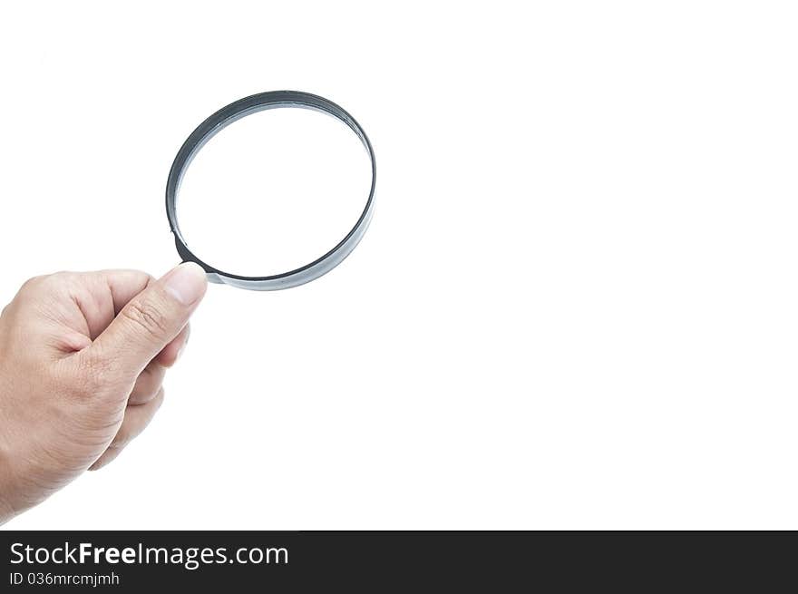 Hand and magnifier as white isolate background