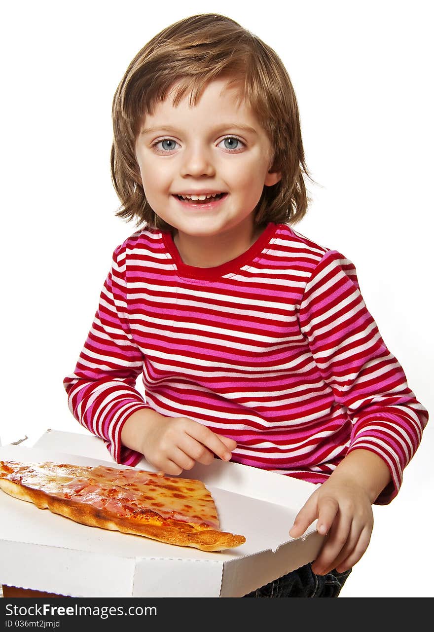 Little girl with pizza isolated on white