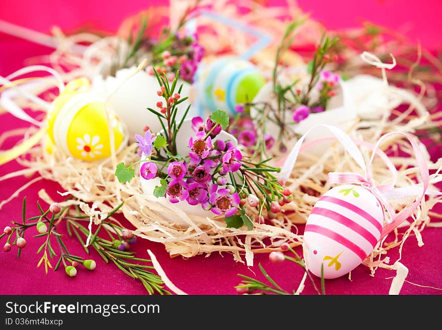 Pink flowers in eggshells