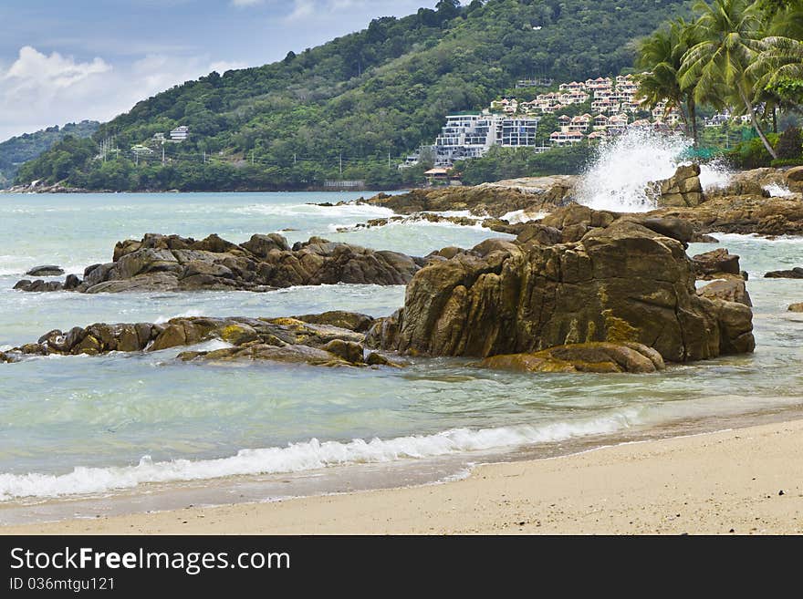 Beach sea Patong , Puket , , be the sea where have sea power water and many rock ,. Beach sea Patong , Puket , , be the sea where have sea power water and many rock ,