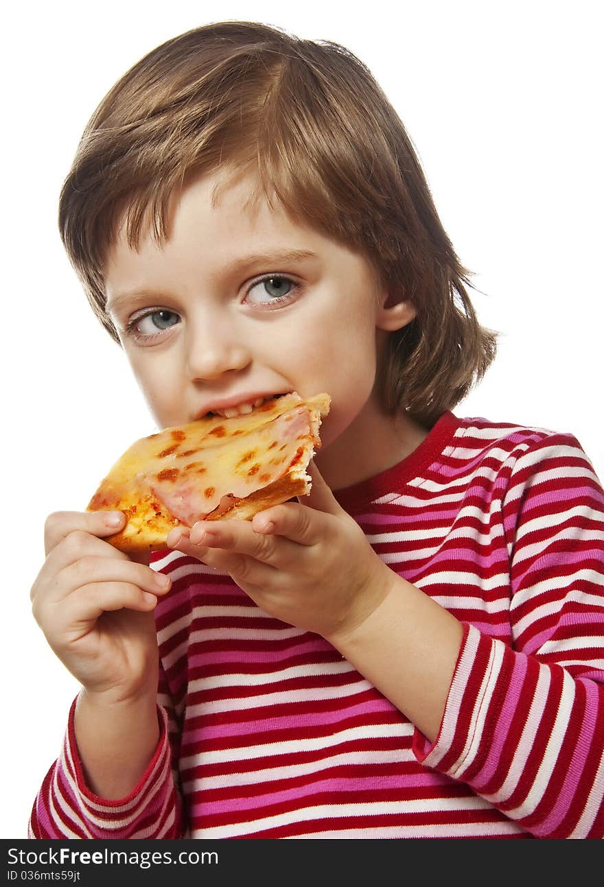 Happy little girl eating pizza isolated on white