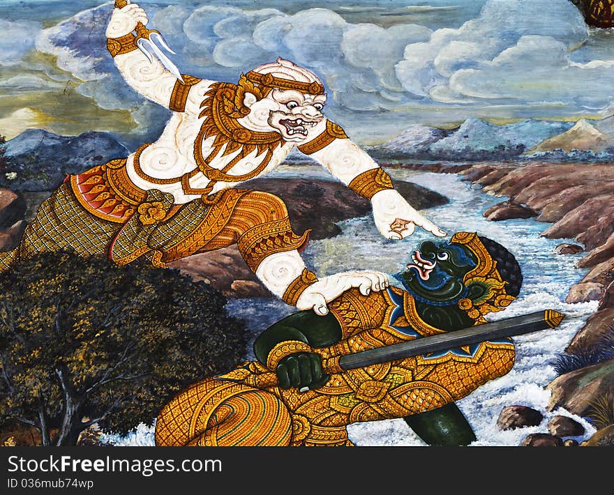 Oil color painting of Hanuman fight and Temple of the Emerald Buddha demon , Bangkok , Thailand ,. Oil color painting of Hanuman fight and Temple of the Emerald Buddha demon , Bangkok , Thailand ,