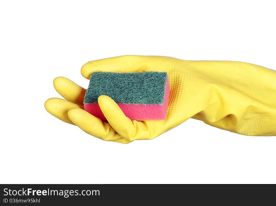 Yellow rubber gloves with sponge isolated on white background