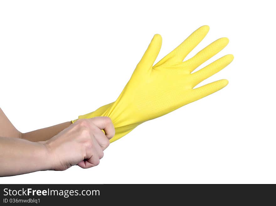 Hand with Yellow rubber gloves isolated on white background