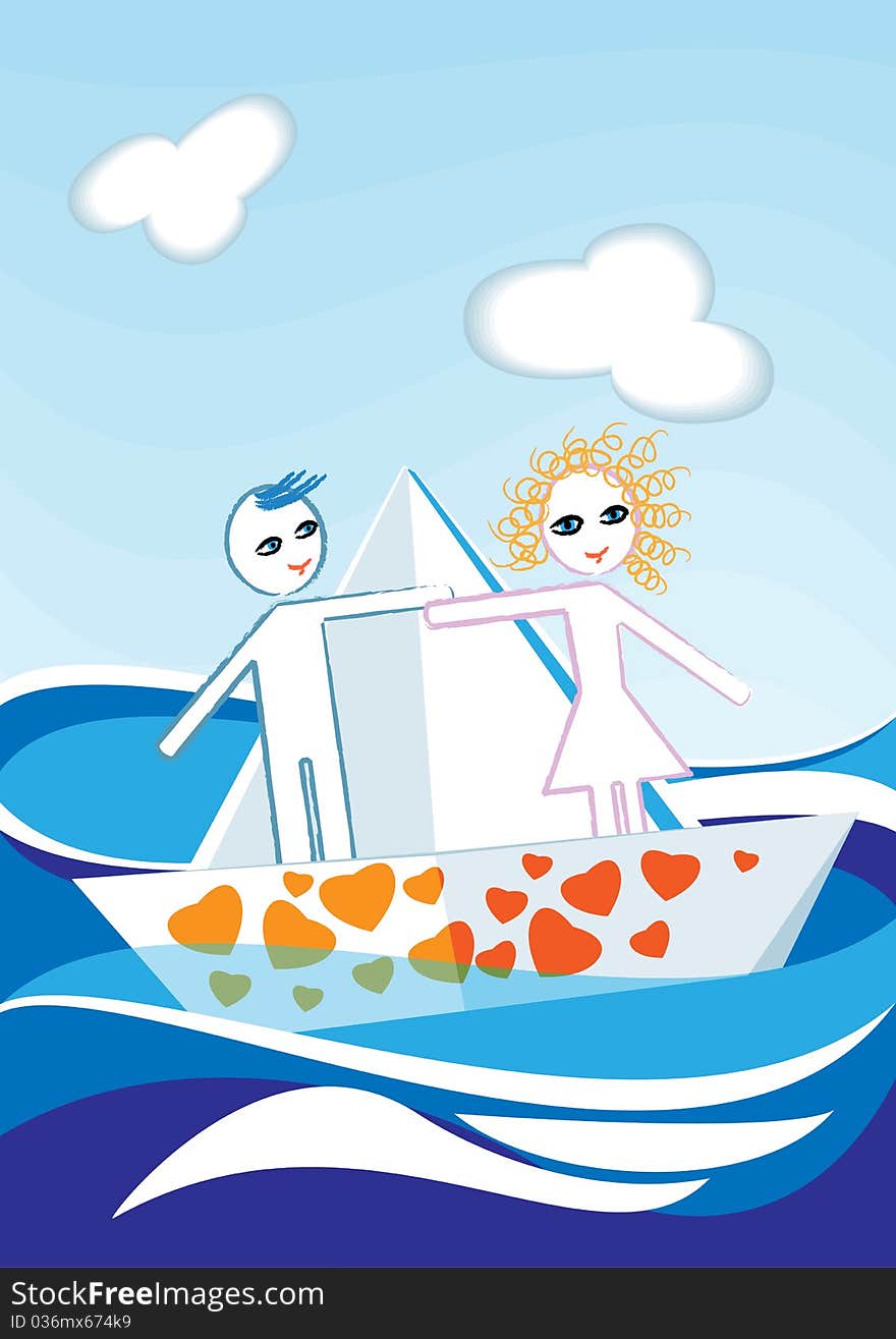 On a paper boat floats couple of paper dolls