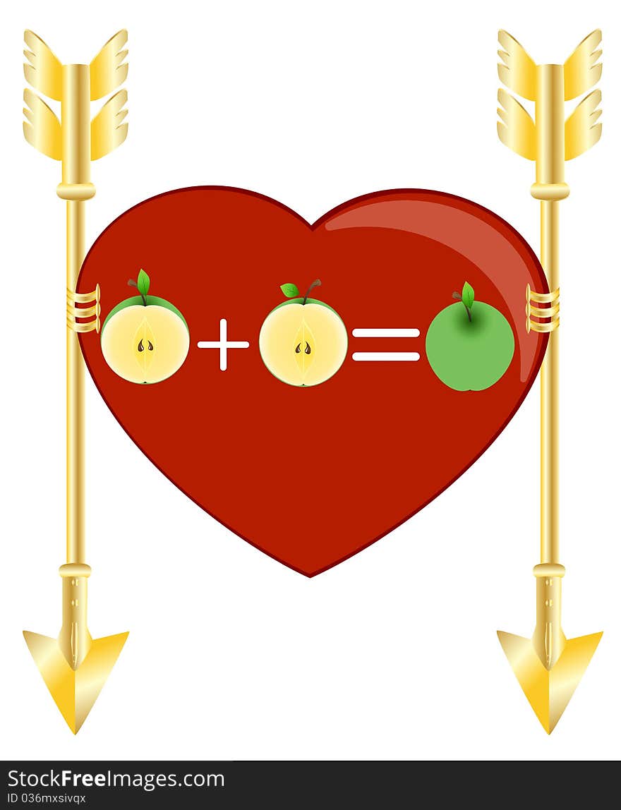 Red heart with green apples and two gold arrows. Red heart with green apples and two gold arrows