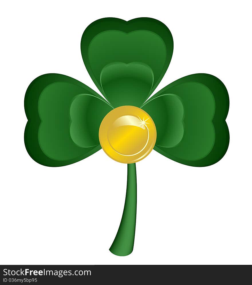 Leaf of a clover with a gold coin in the center, symbolizing day of Sacred Patrick. Leaf of a clover with a gold coin in the center, symbolizing day of Sacred Patrick