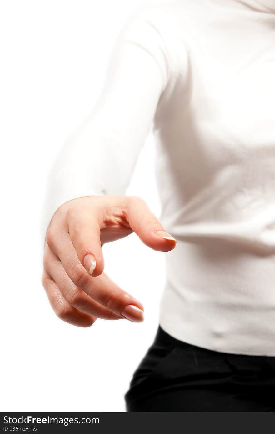 Businesswoman stretched hand. On white background. Businesswoman stretched hand. On white background