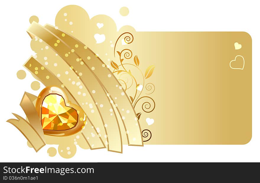 Gold ribbon and jewel on beige background