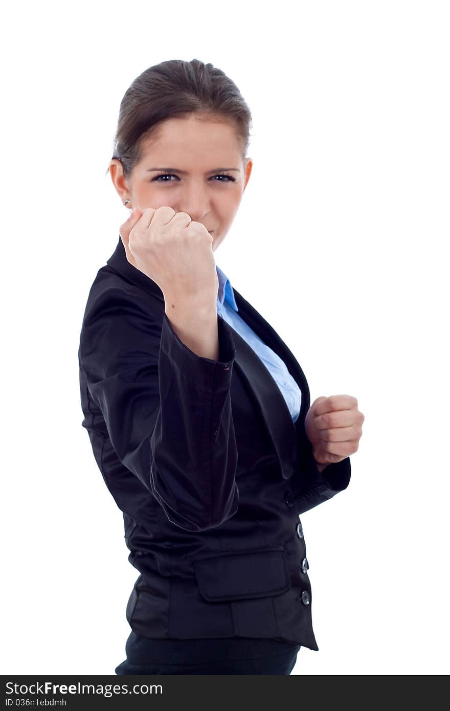 Business woman on white getting into a fight - focus on fist