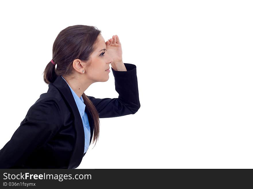 Picture of a young business woman looking forward over white