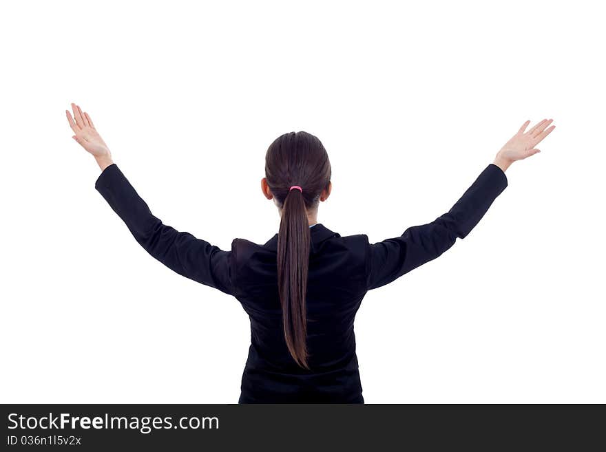 Brunette business woman with her hands in the air - back picture