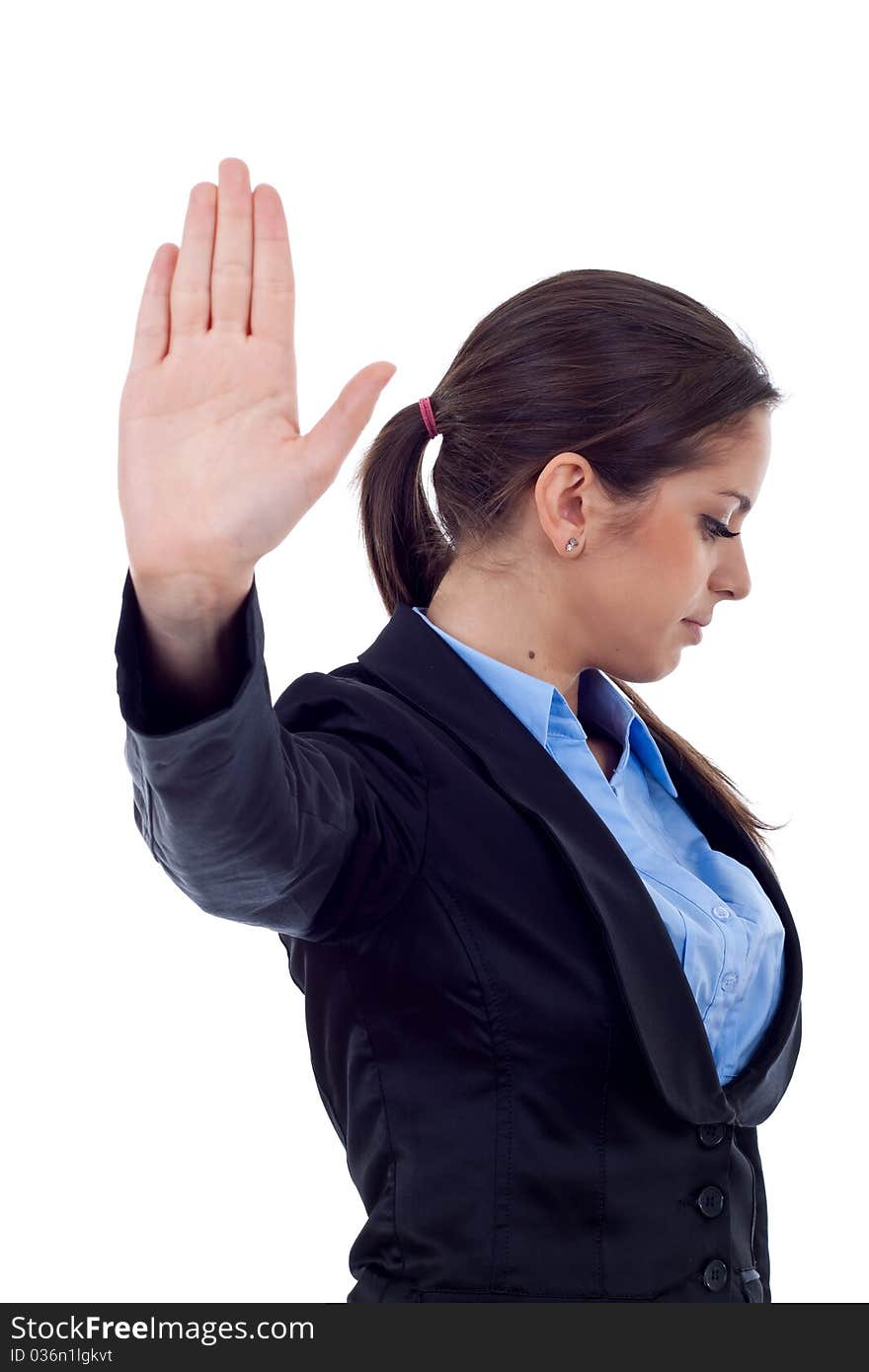 Serious business woman making stop sign over white, focus on hand