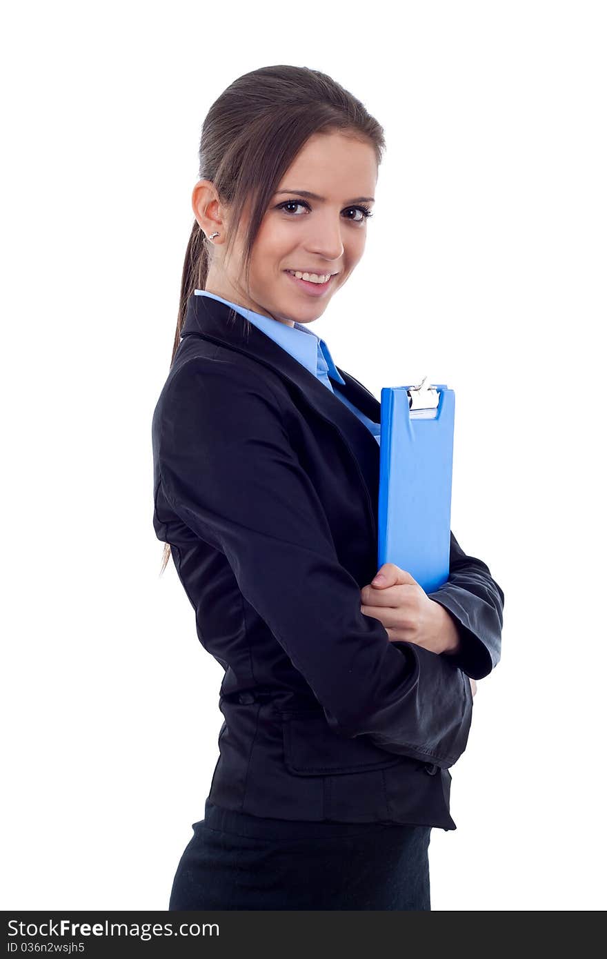 Business woman holding a clipboard