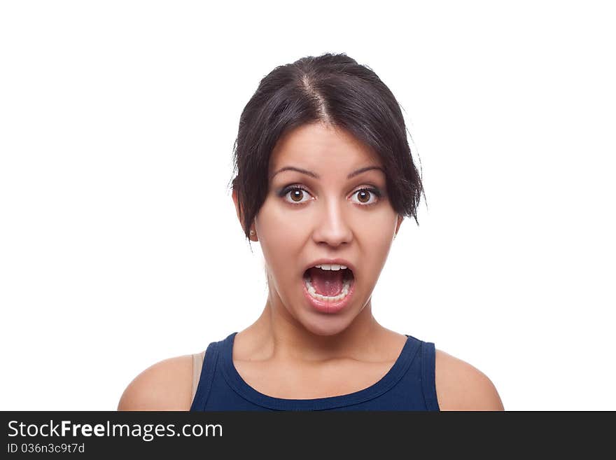 Isolated portrait shot of a beautiful amazed caucasian woman