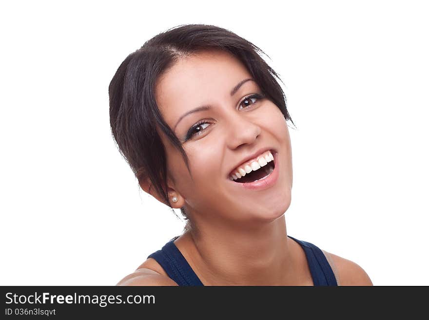 Beautiful young smiling woman. Isolated over white background